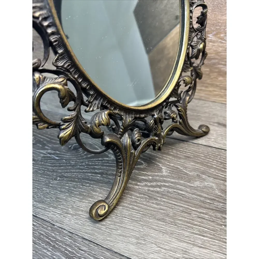 Vintage Victorian Oval Solid Brass Vanity Mirror 15x11”